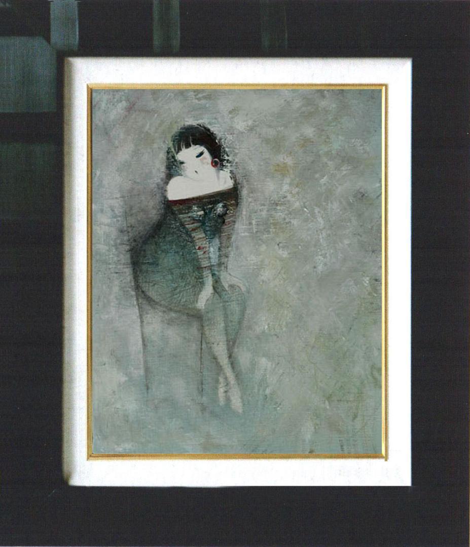 油絵 菅家令子 絵 絵画インテリア額付(青緑＋金色の枠) F6-081012