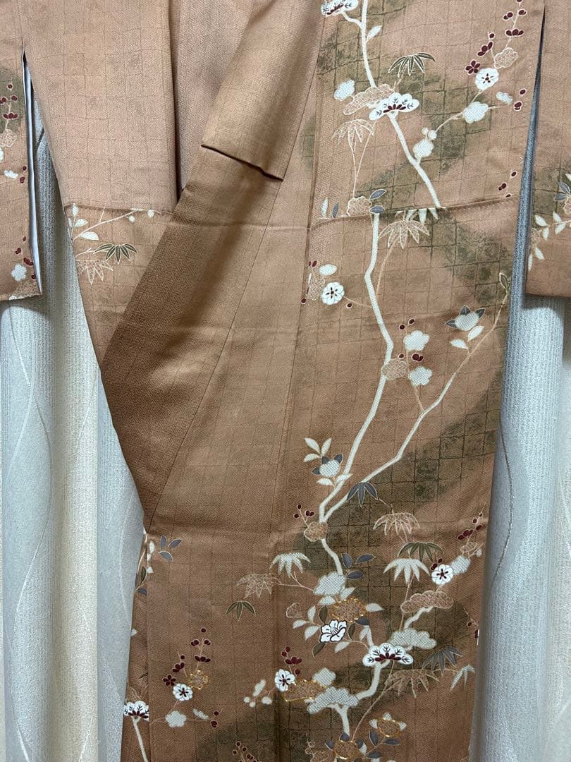 美品 訪問着 ブラウン S S サイズ 金刺繍 松竹梅 椿 美品 パール加工