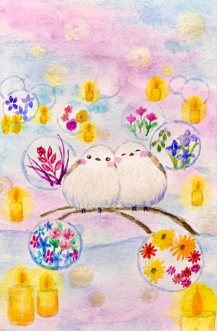 ♡たまみな♡鳥と花の水彩画原画8枚＋複製品13枚セット 絵画 桜に瑠璃鳥 (三宅和光) 送料無料 【肉筆】【桜絵】【日本画】【花