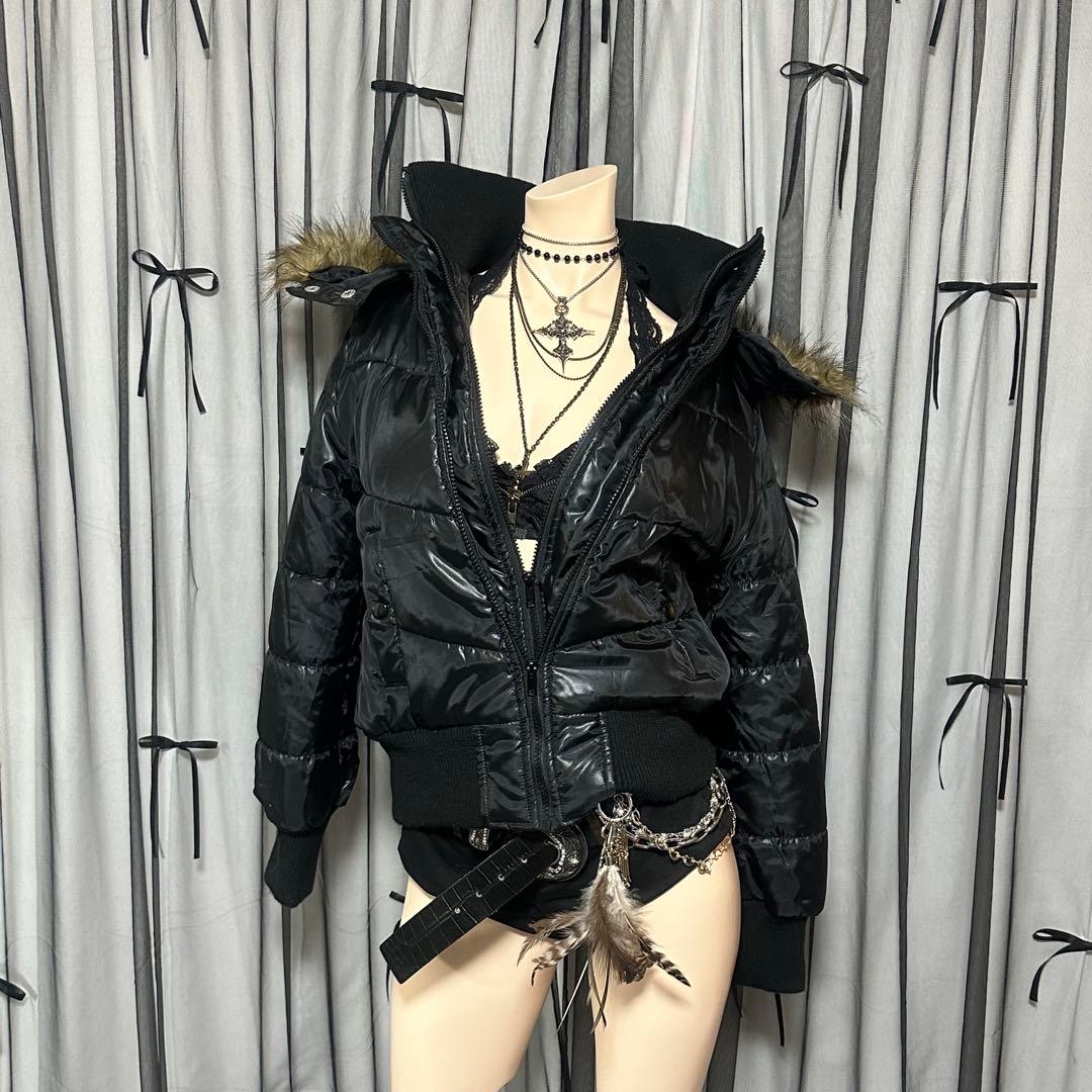 平成ギャル y2k 光沢 ファー付き ダウン パーカー 黒 グランジ お兄系