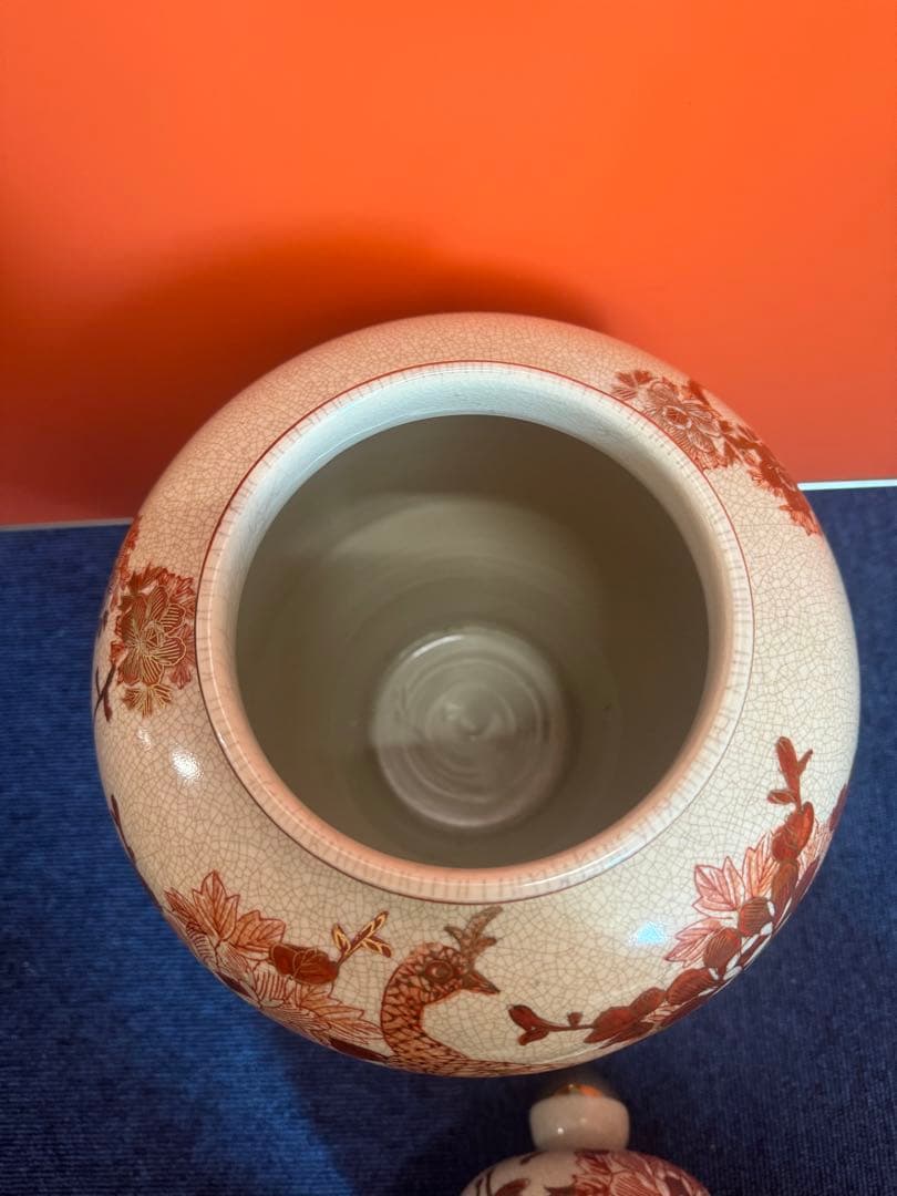 1863 薩摩焼 九十字壺 金継ぎ 赤絵金彩 孔雀牡丹 沈香壷 高40cm時代物