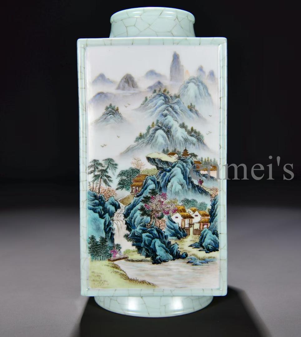 中国古美術 清乾隆 粉彩山水詩文琮式瓶 花瓶 唐物 陶磁 装飾壺 文房具