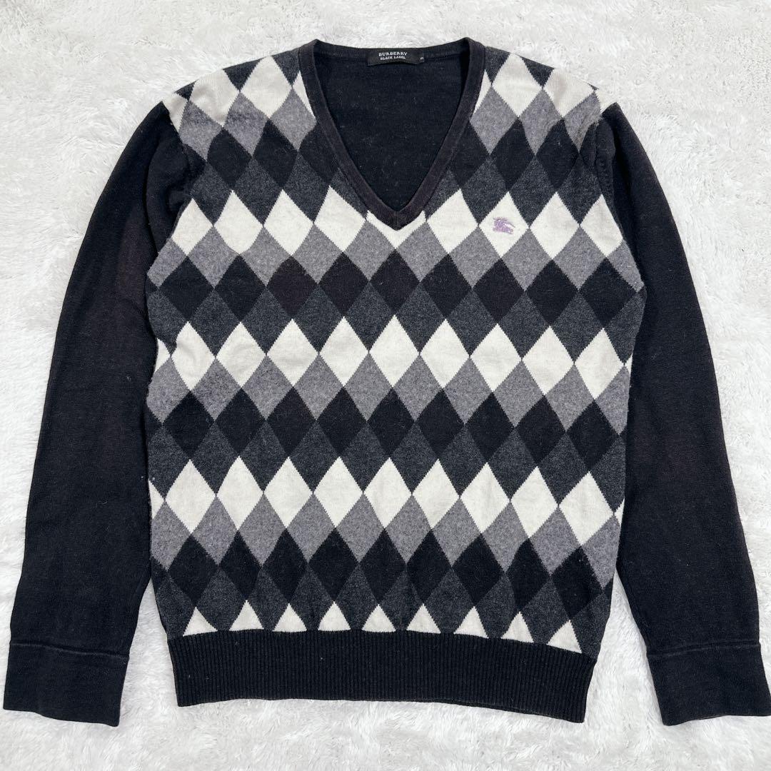 美品 バーバリー ブラックレーベル アーガイル ニット L ホース 刺繍