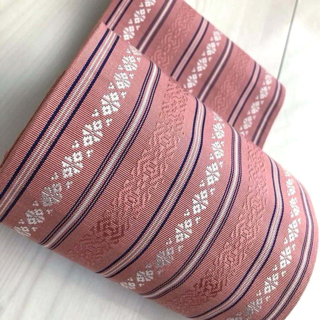 本場筑前博多織　半幅帯　縞模様　正絹　ピンクベージュ　No.7-22