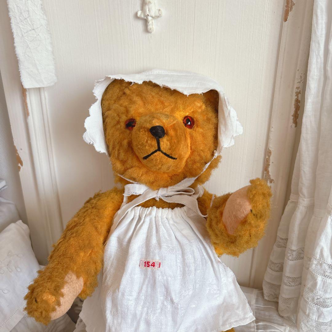 最終ʕ•ᴥ•ʔ アンティークベア　ボネエプロン付き　アンティークテディベア アンティークベア テディベア | こりすのパン屋Base店 （世界の蚤の市