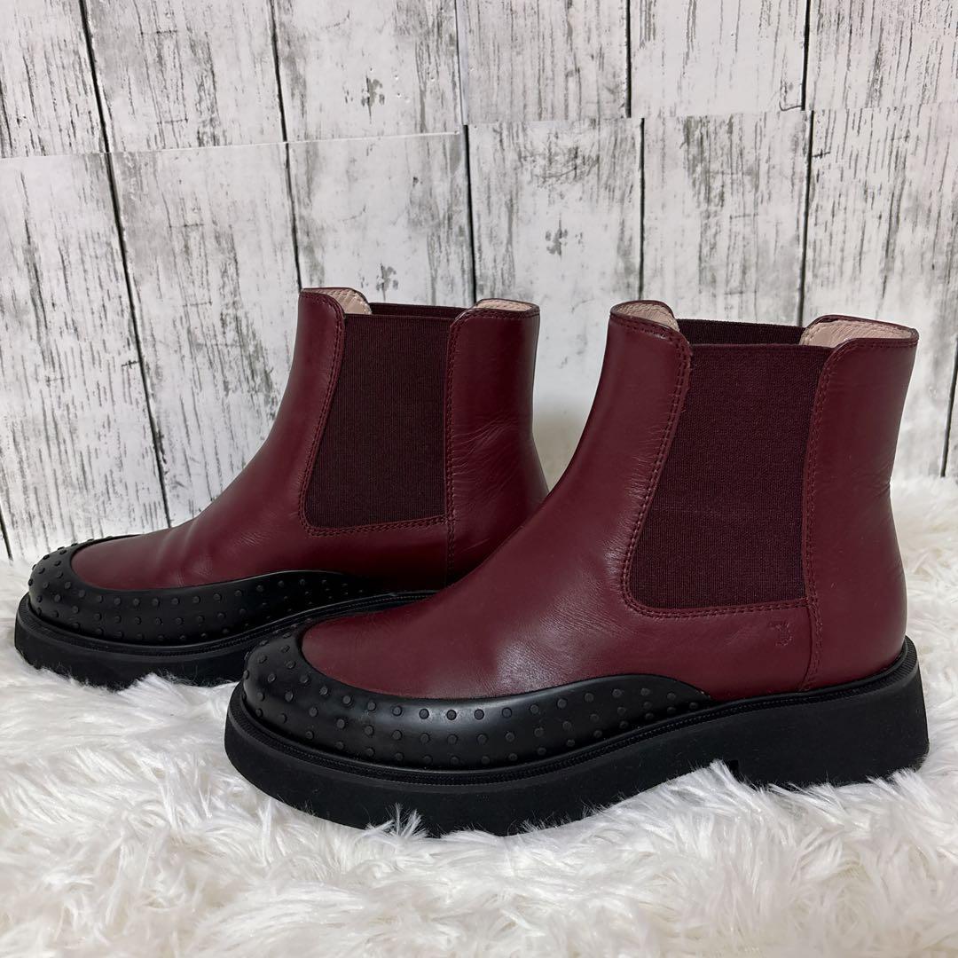 美品 トッズ サイドゴアブーツ チャンキーソール レザー 赤 厚底 23.5cm