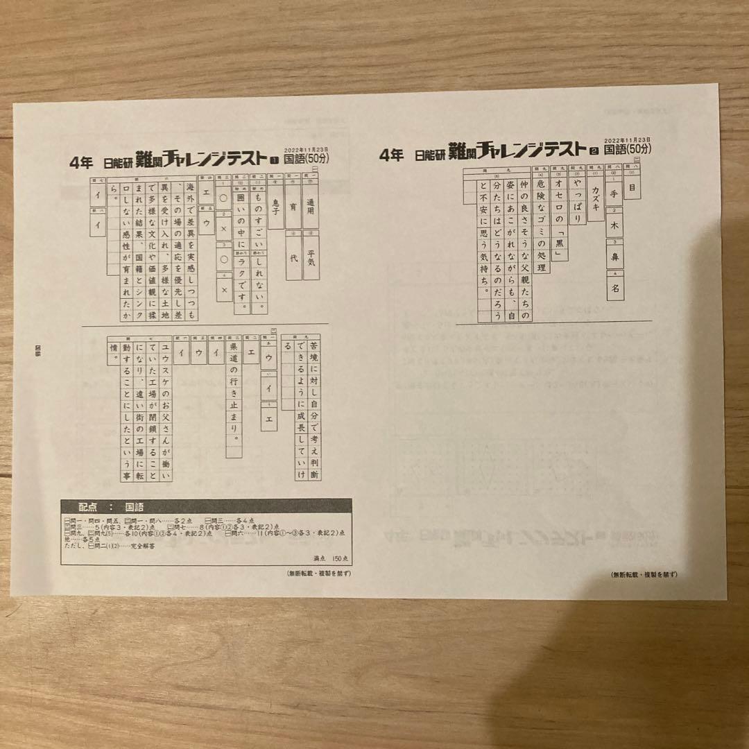 最新）日能研4年 難関チャレンジテスト（2022年11月23日実施