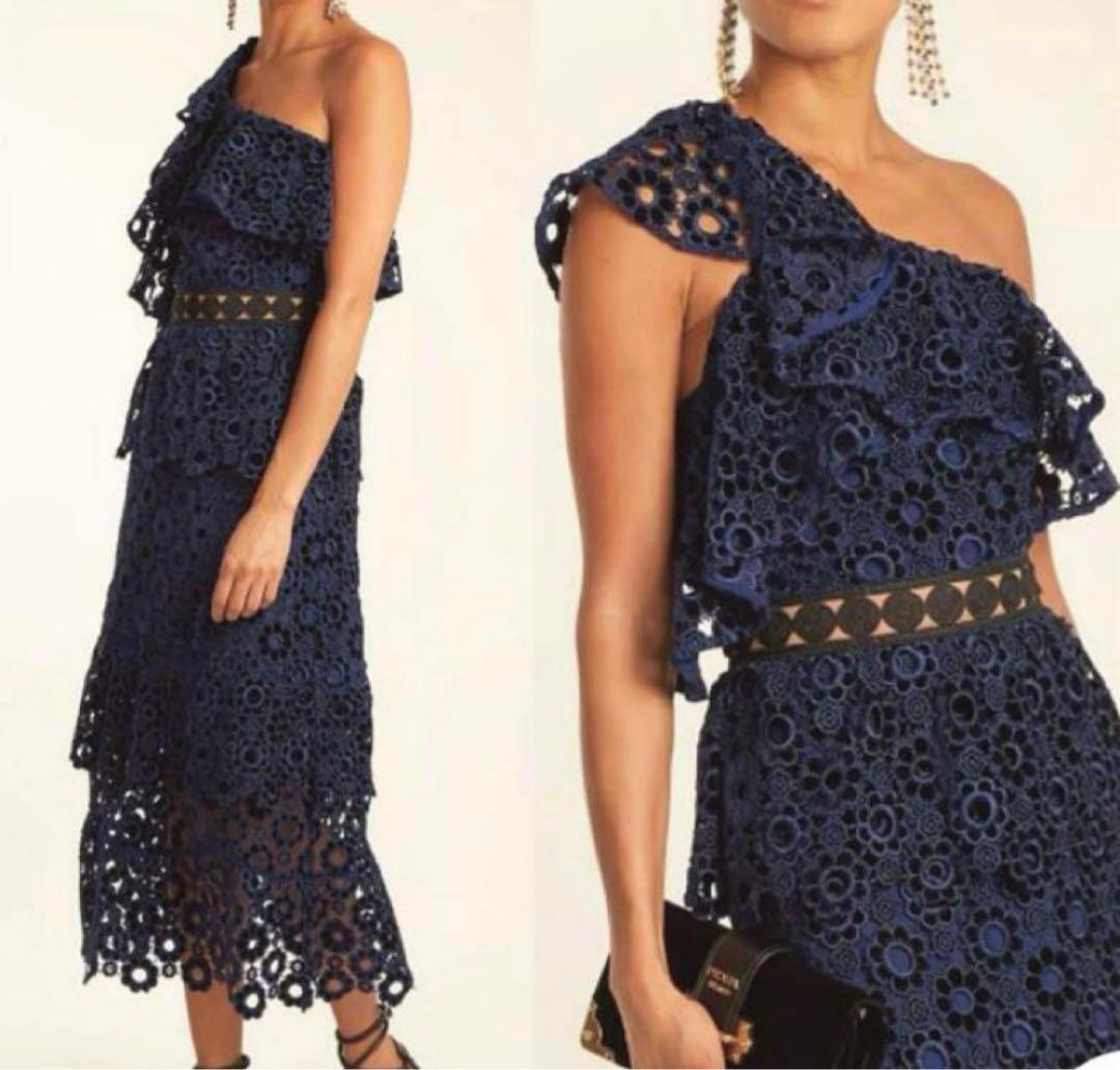 self−portrait ネイビー フラワーレース アシンメトリー ワンピース 花柄 SELF PORTRAIT(セルフ・ポートレイト) ワンピース(レディース