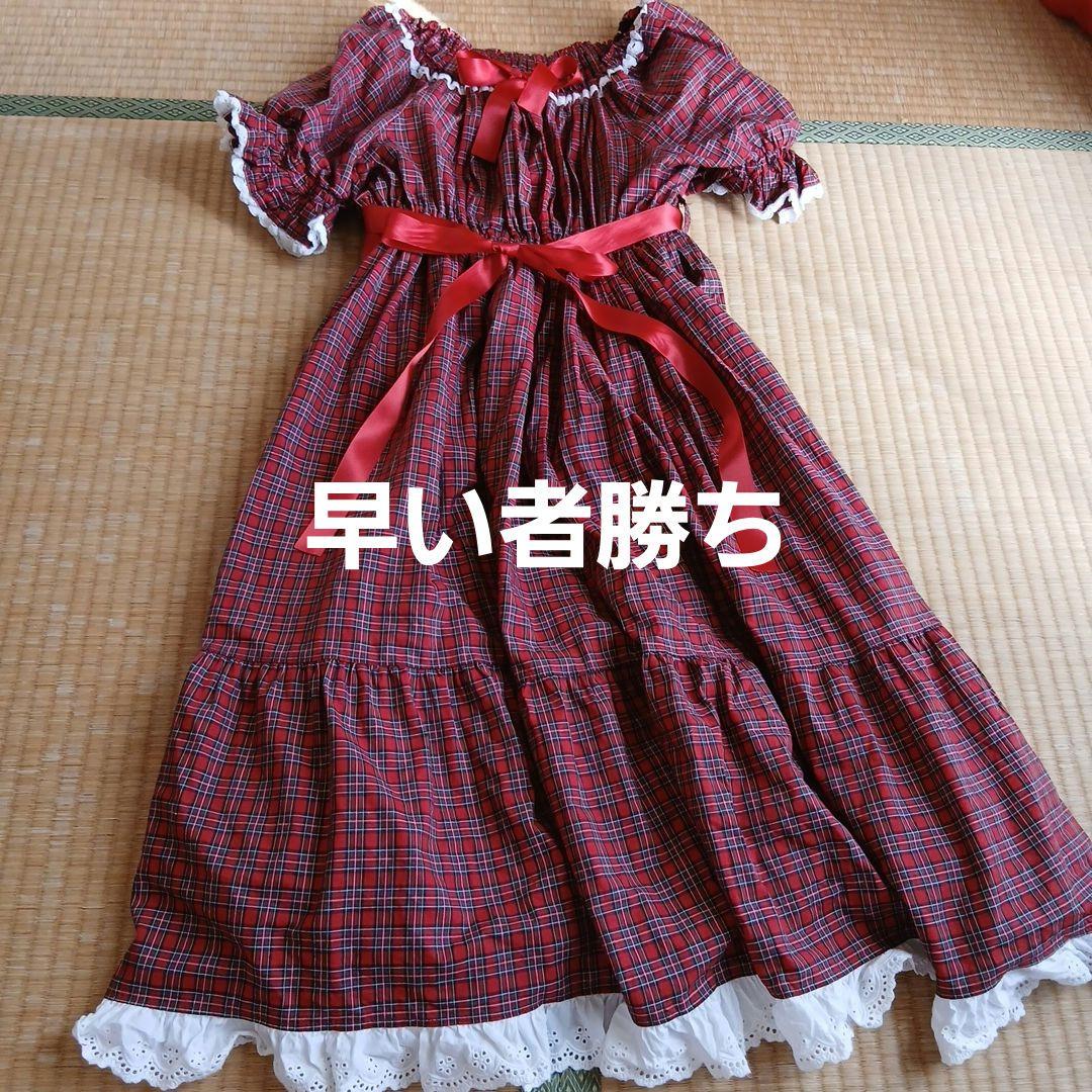 フィジカルドロップ　赤タータンチェック柄フリルワンピース レディース ロリータ レトロ チェック柄 フリル ビッグカラー リボン