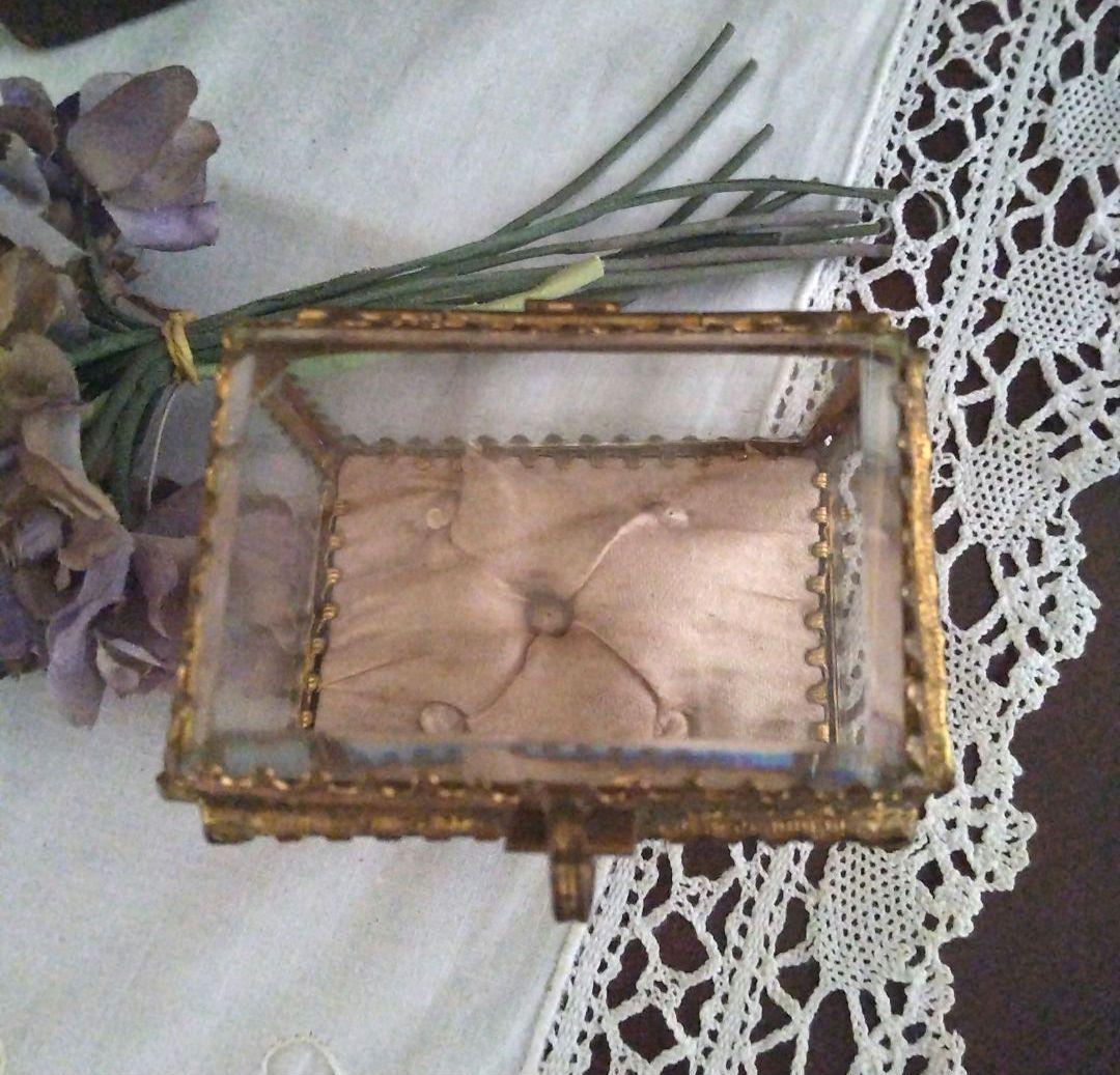 フランスアンティーク ベベルガラス ジュエリーボックス ピンククッション