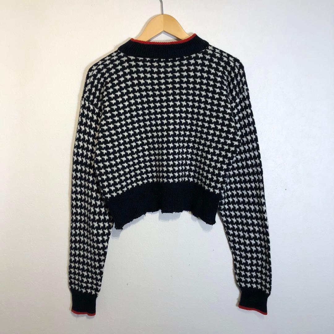 80s 90s ヴィンテージ 千鳥柄 花柄 クロップド ニット セーター 短丈