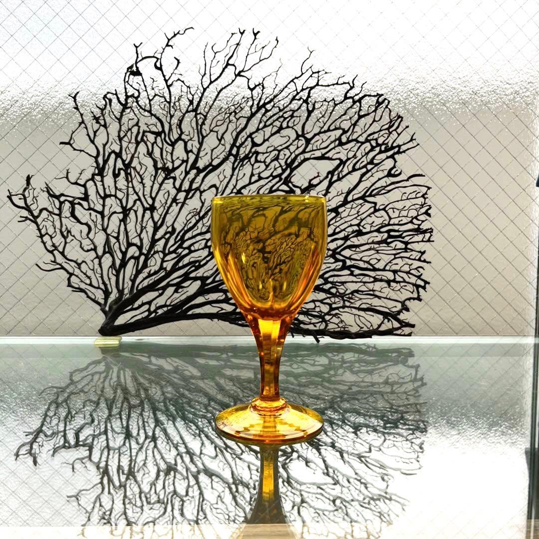 骨董 時代ガラス 希少鼈甲色 ライトアンバー飴色 オーバルカット 切子