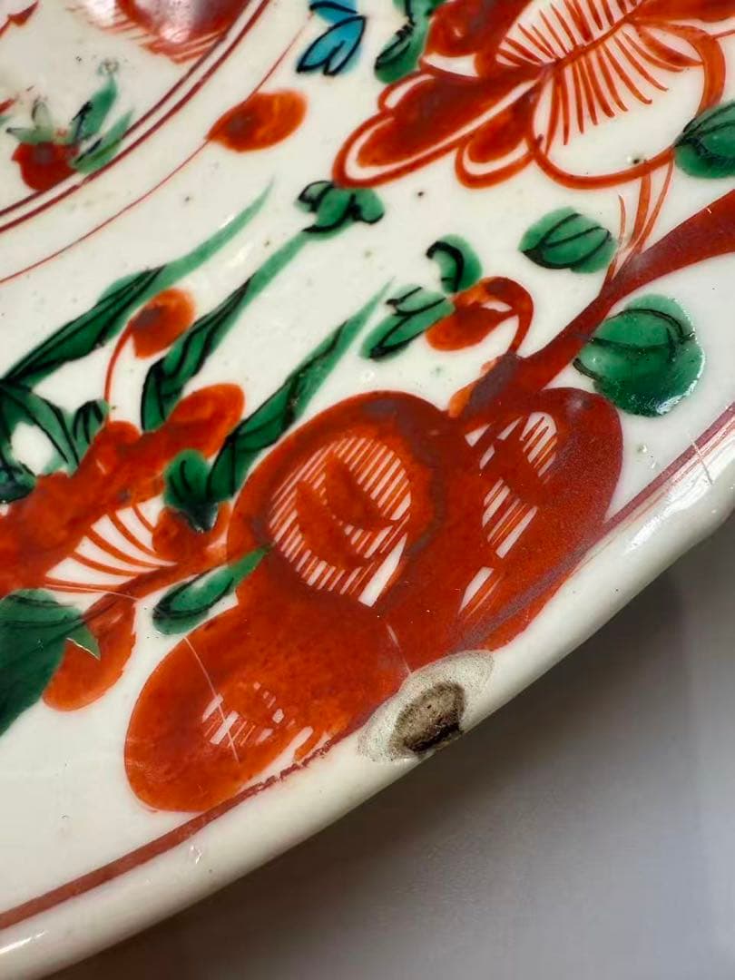 DT518 中国美術 呉須赤絵 鳳花紋皿 35.5cm 明末期 美品