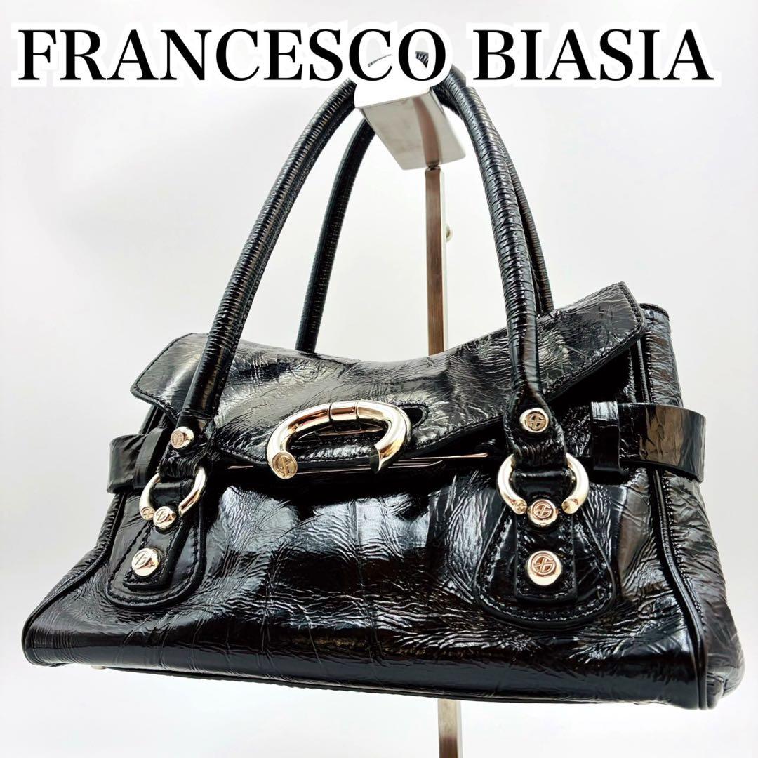 フランチェスコビアジア パテントレザー ハンドバッグ シルバー金具 黒 y2k フランチェスコビアジア 編み込みハンドル レザーバッグ y2k 本革