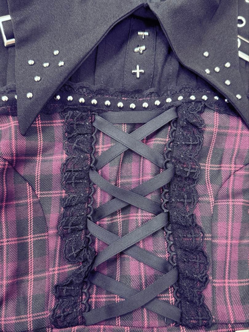 夢展望 十字架スタッズジャンスカ風レースアッププリーツワンピース