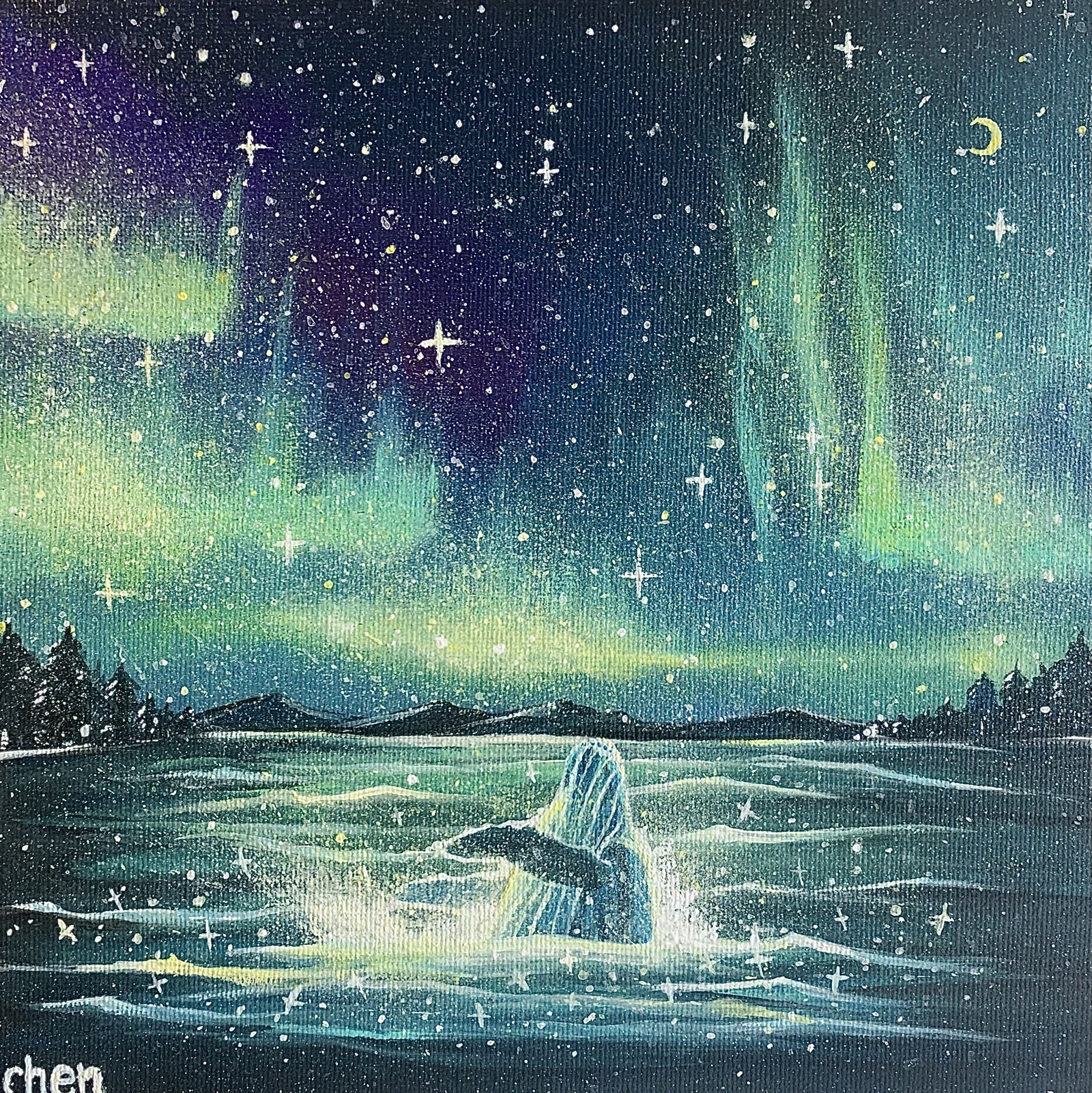 星空の下のクジラ オーロラ アクリル画 原画 - CHEN-ARTWORK'S GALLERY