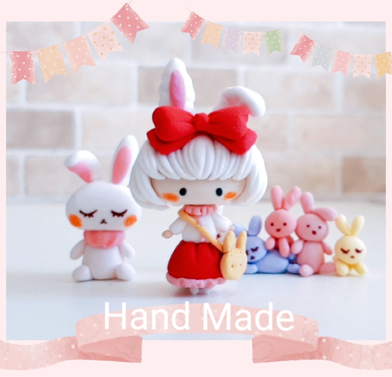 受注制作 *ふわふわ白うさぎの女の子* マスコット ハンドメイド 粘土
