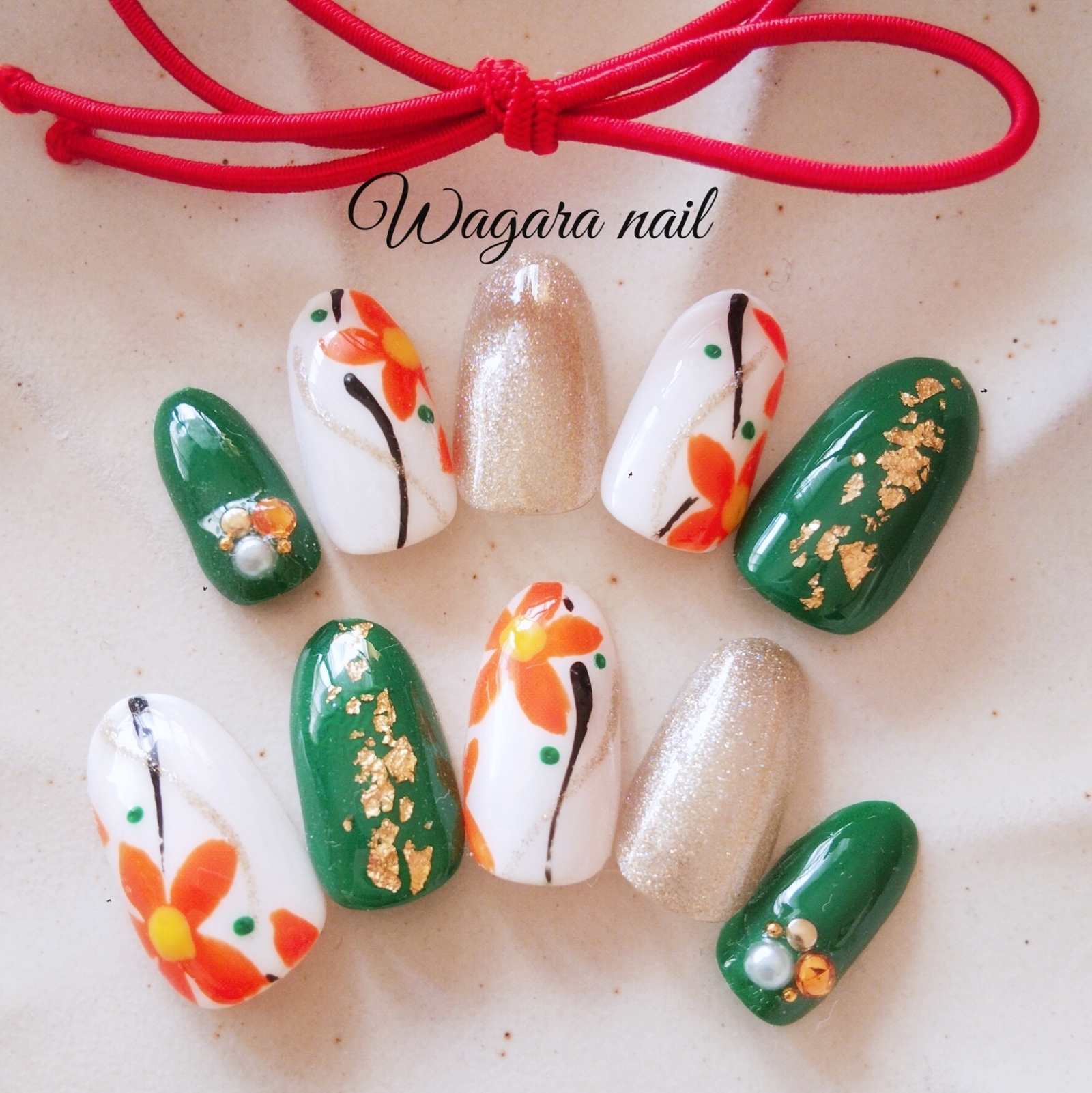 オレンジと緑の和花柄ネイルチップ*°【成人式 卒業式 ネイルチップ