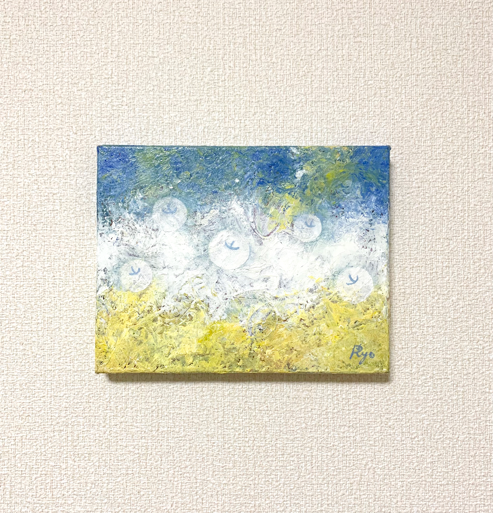原画 油絵 希望降り注ぐ空 リンゴのアート 抽象画 F0号 ブルー