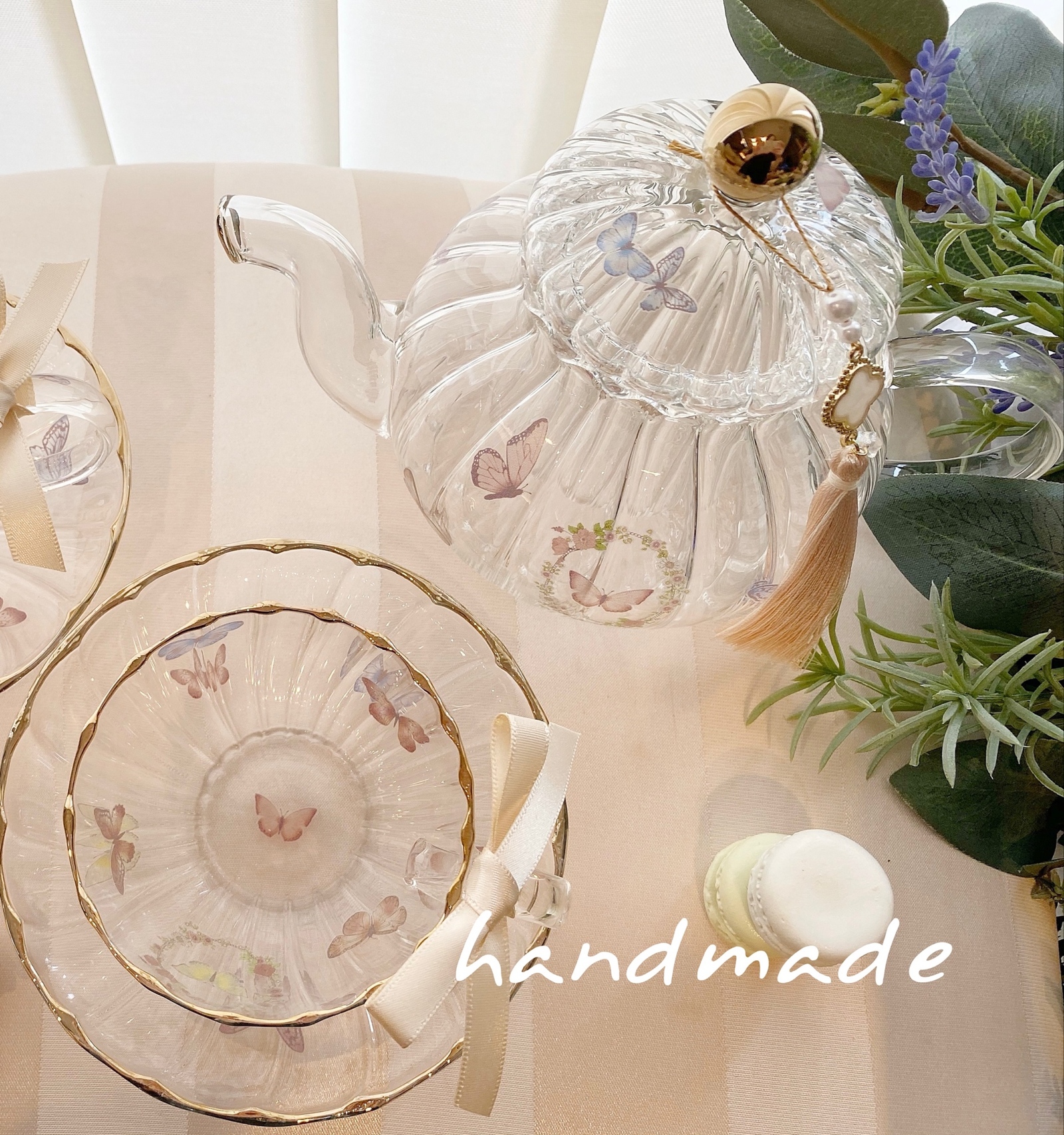 再♡ガラスのティーセット♡ポット＋カップ&ソーサー1客SET＋タッセル