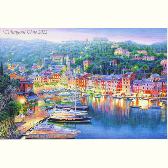 額装絵画☆イタリアで版画化☆ポルトフィーノ ヨーロッパ 地中海 夕景