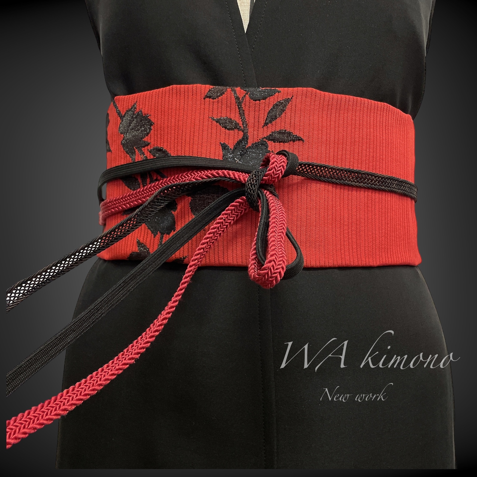 赤黒 サッシュベルト 帯ベルト 帯リメイク 着物リメイク リボン 太