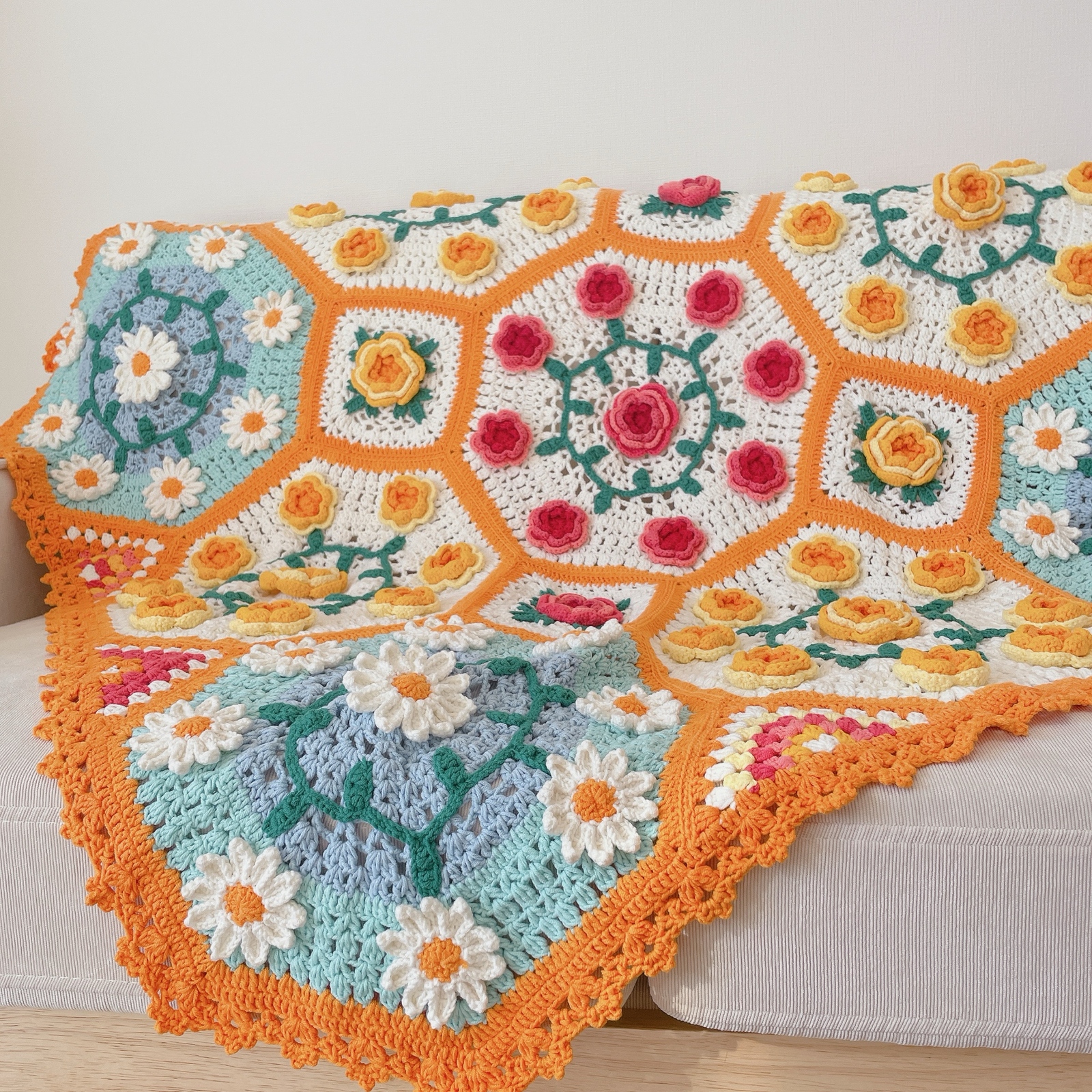 オレンジガーデン かぎ編みブランケット 花モチーフカバー 手編み 母の
