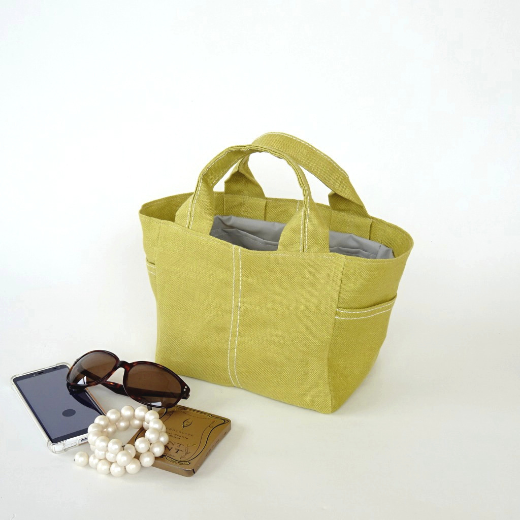 A4 リネン マチ広 トートバッグ サイドポケット付き 横長 黒/Lサイズ