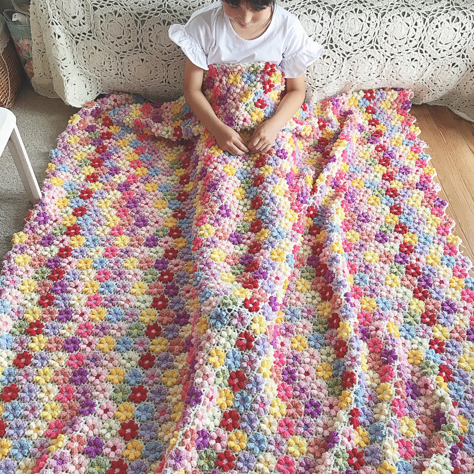 受注製作】手編みのベッドカバー お花モチーフ - Vintage Rose | minne