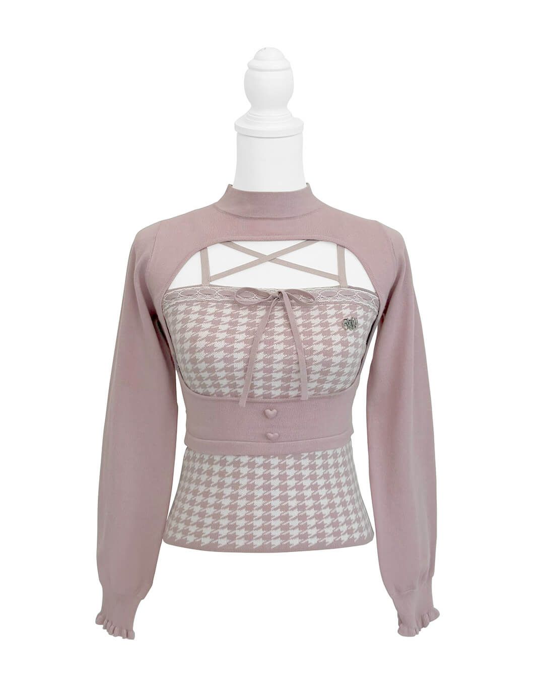 千鳥柄ハイネックアンサンブルトップス ブラック | ファッション通販