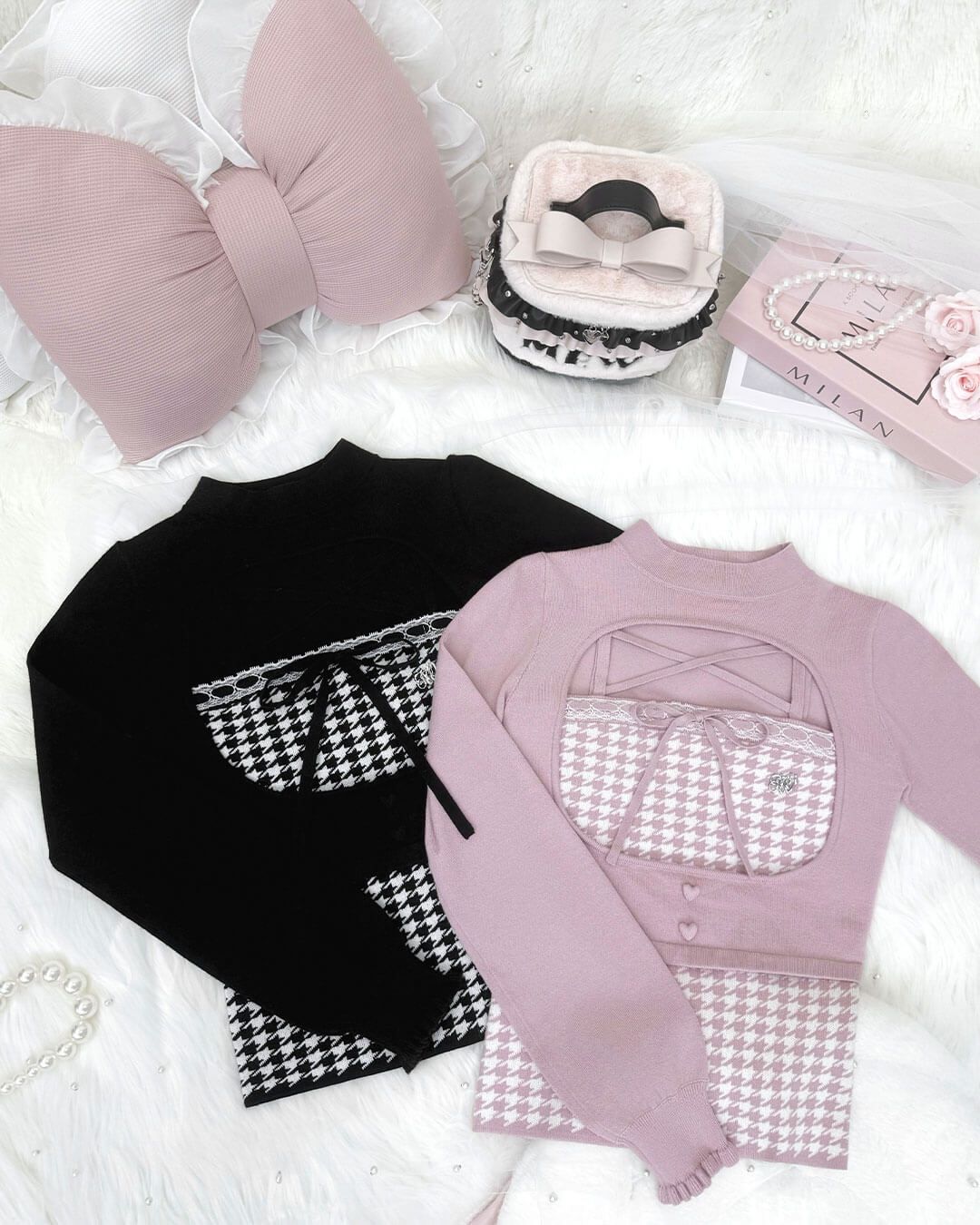 千鳥柄ハイネックアンサンブルトップス ブラック | ファッション通販