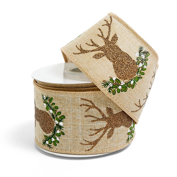 Evergreen Deer Wired Ribbon, 2-1/2