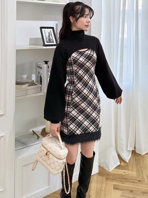 チェックレイヤードヘムファーニットミニワンピース｜ROYAL PARTY