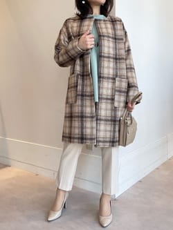 ウール調チェック柄ノーカラーコート - ベルーナ【公式】