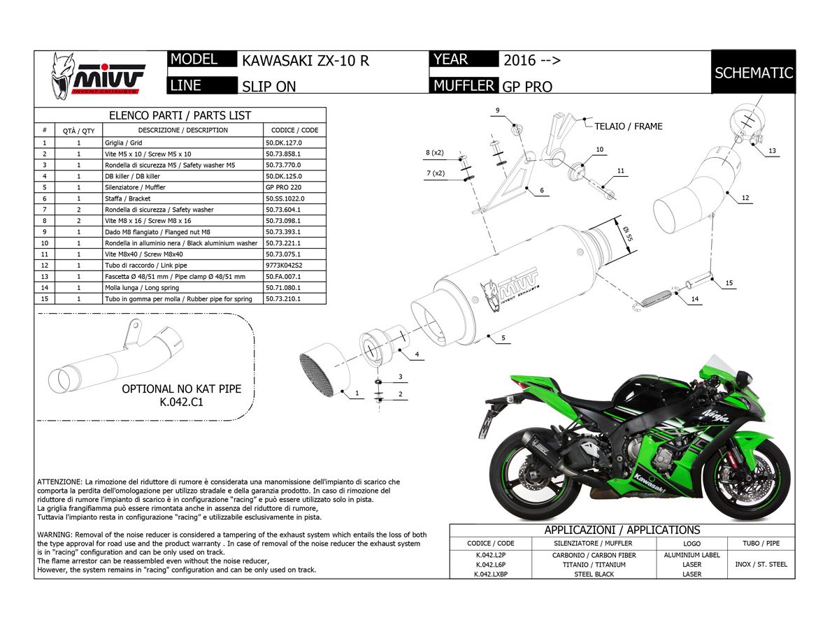 K.042.LXBP TERMINALE MIVV GP PRO INOX NERO KAWASAKI ZX-10 R 2016-2024