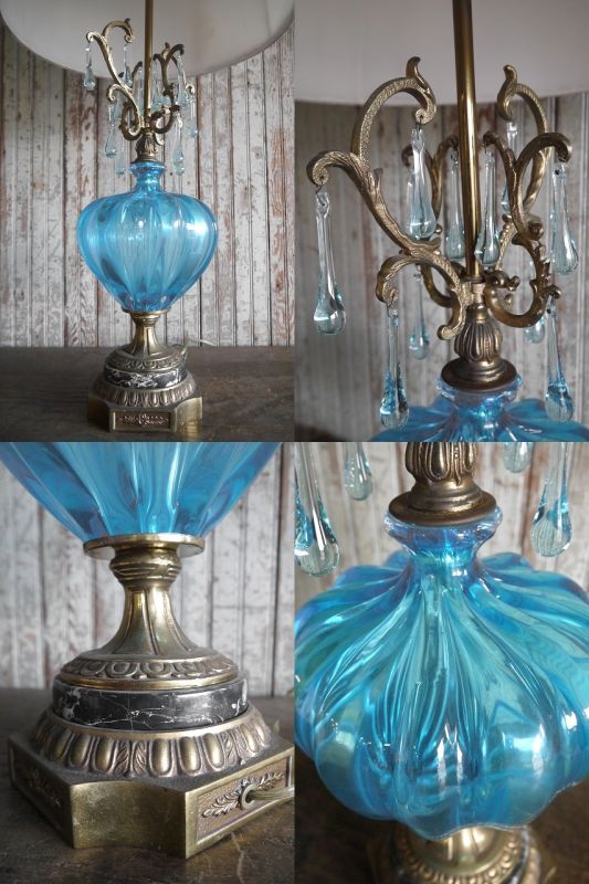 アンティーク ブルーガラス×ファブリックシェード フロアランプ