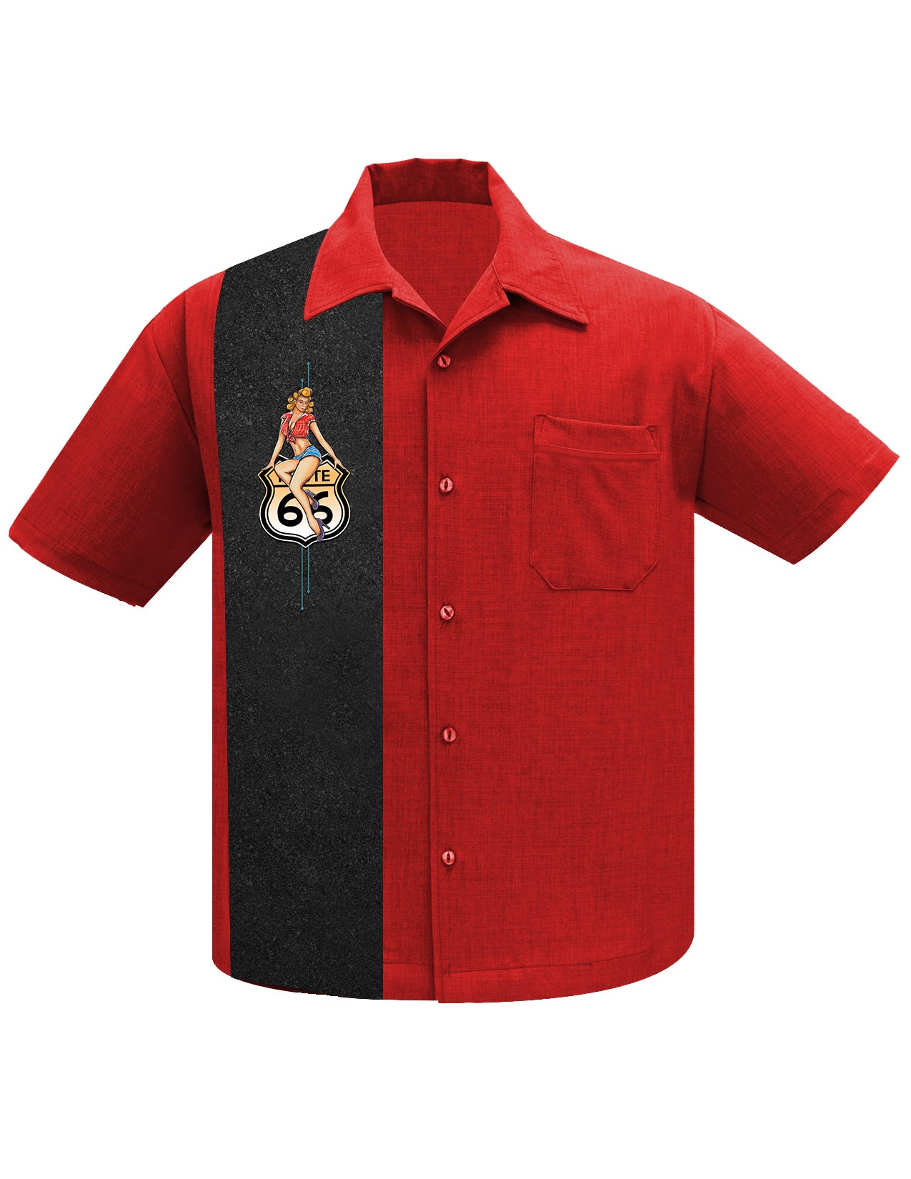 Shop Route 66 Pin-Up Panel Bowling Shirt in Red | Steady Clothing