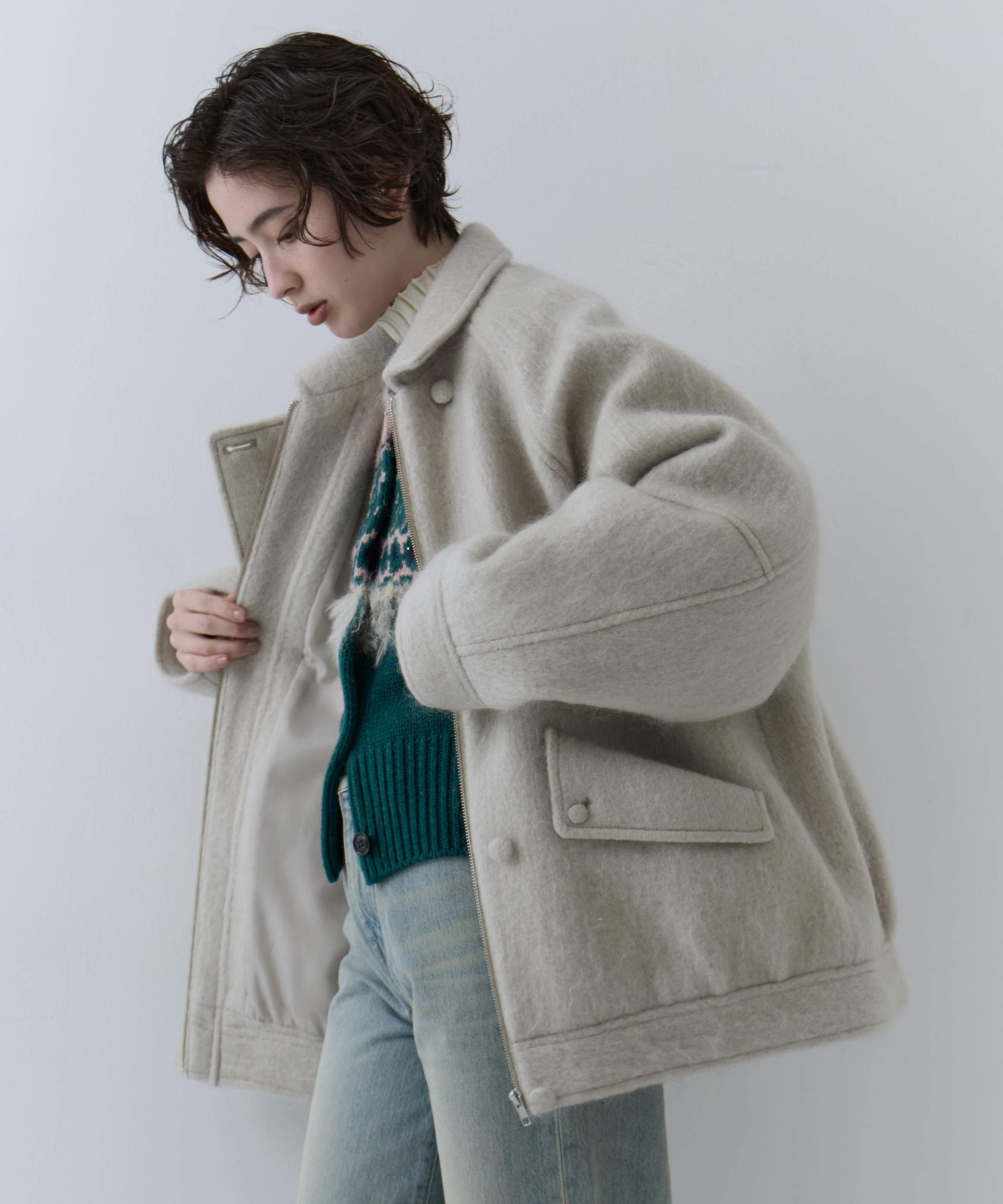 UND MOHAIR SHAGGY FLIGHT JACKET(S IVORY): AMERI: WOMENS｜ STUDIOUS